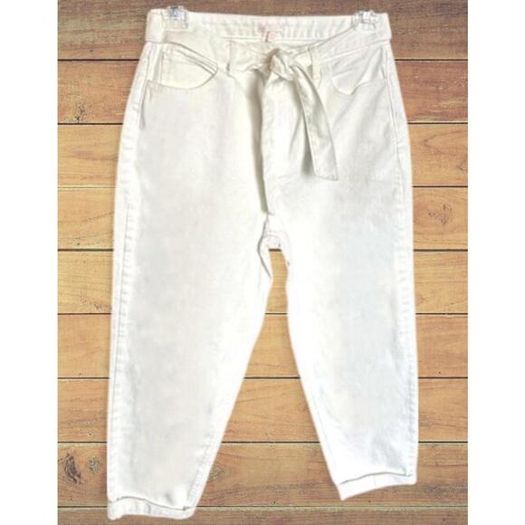 Pants - GB Off White Denim Pants Tie Waist Rolled Cuffs Smart Casual